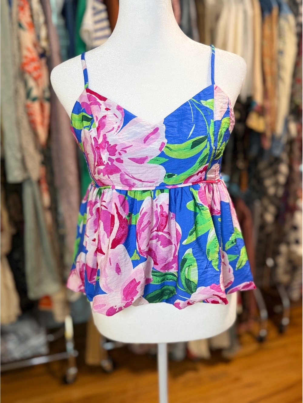SADIE & SAGE Technicolor Floral Babydoll Peplum Tank Top Blue Multi NWT Small